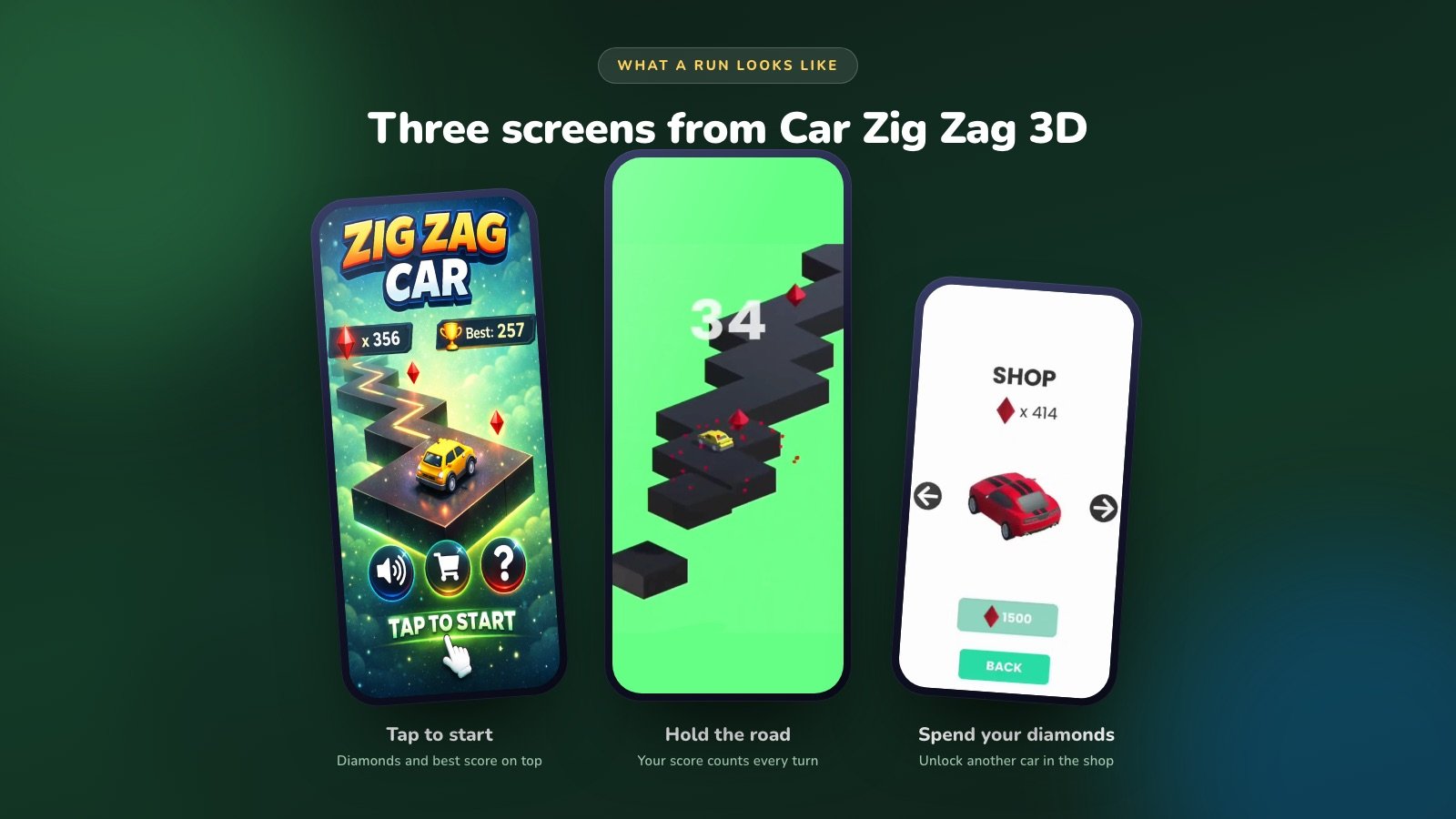 Three Car Zig Zag 3D screens on Android and iPhone: the start screen, a run along the winding track, and the car shop