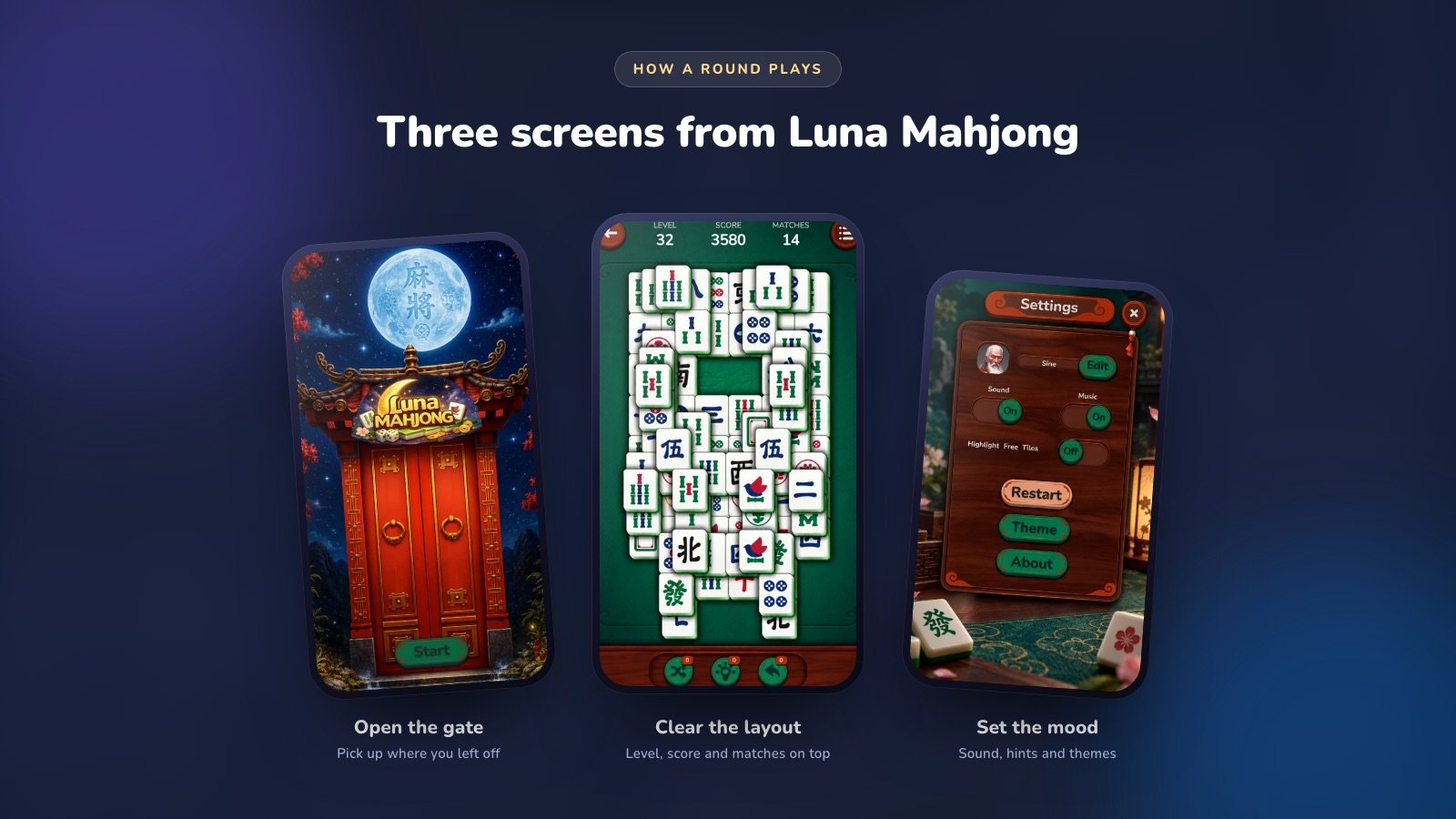 Three Luna Mahjong screens on Android and iPhone: the moonlit gate, a tile layout in progress, and the settings panel